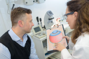man with glaucoma consulting ophtalmologist for examination