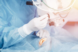 A doctor is prepping a patient for cataract surgery.